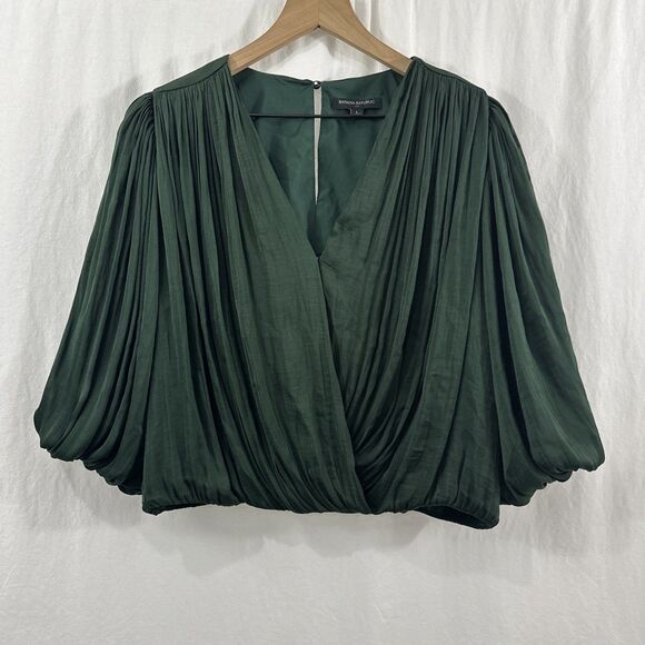 Banana Republic Satin Crop Wrap Pleated Top Womens L Festive Formal Forest - Picture 1 of 9